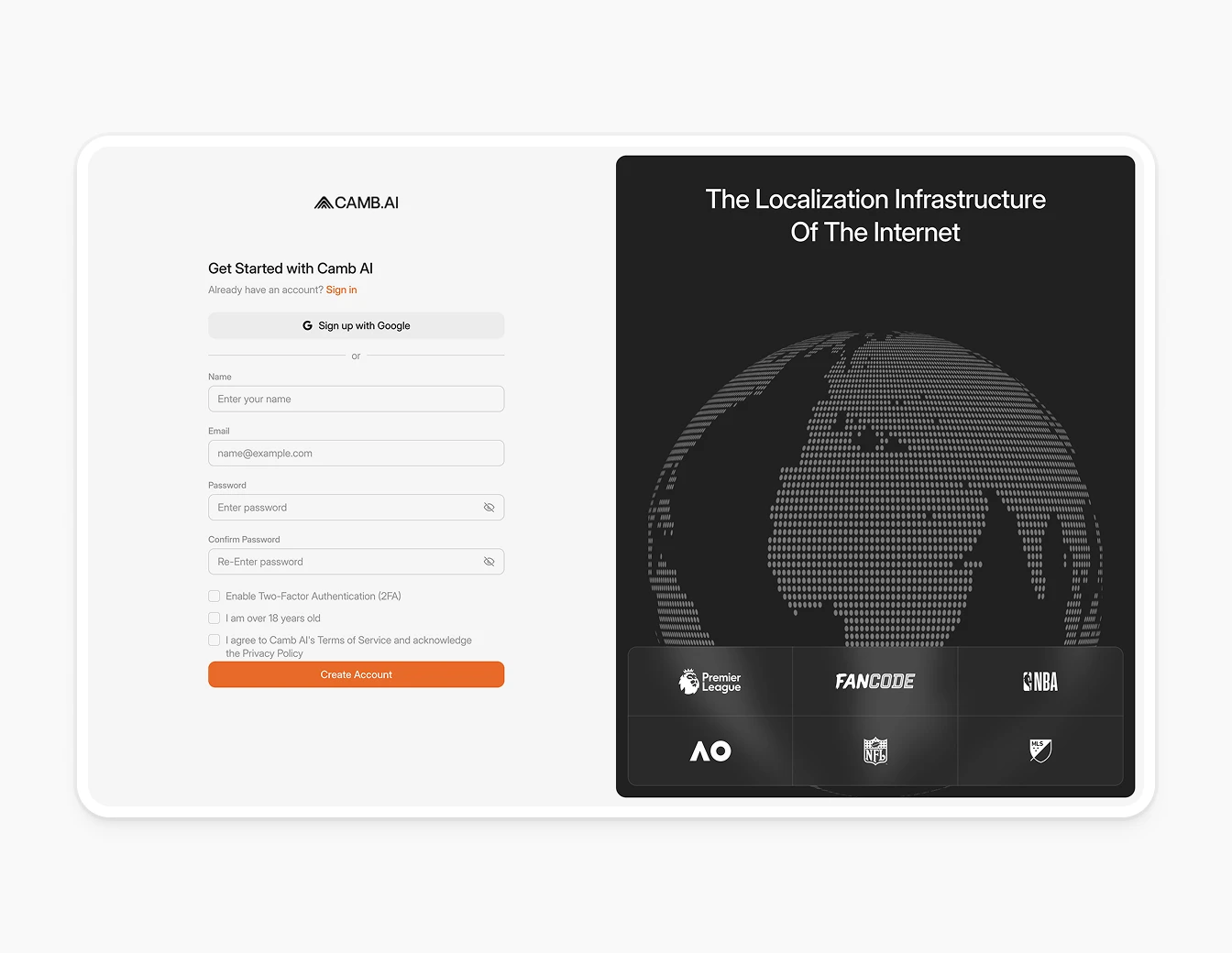 Camb.ai Signup Registration Split Page