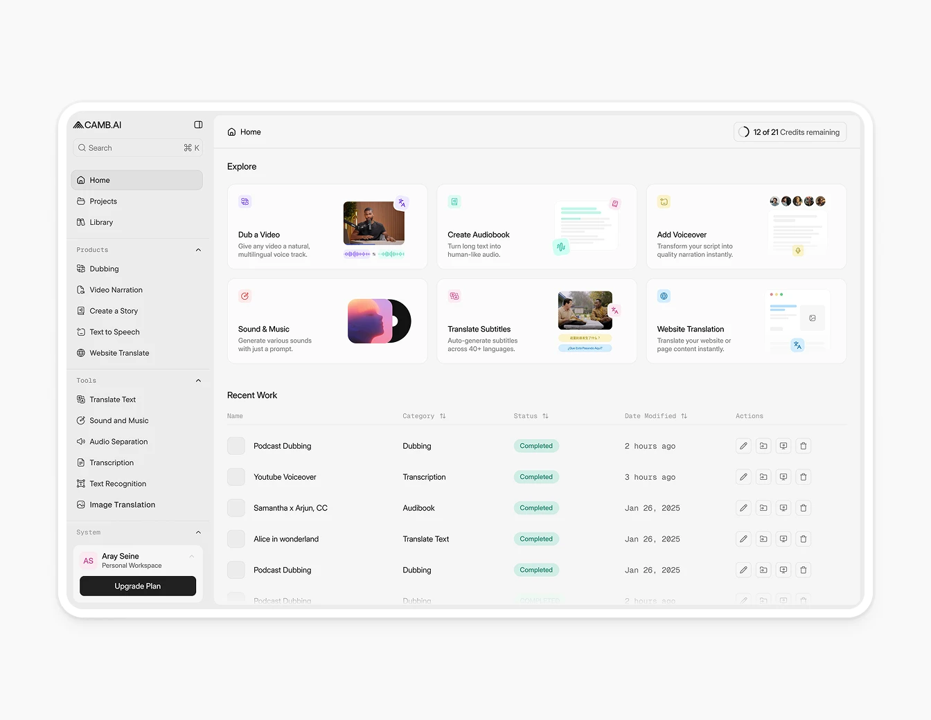 Camb.ai Dashboard Home Light