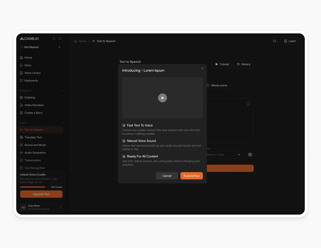 Camb.ai TTS Feature Modal Onboarding