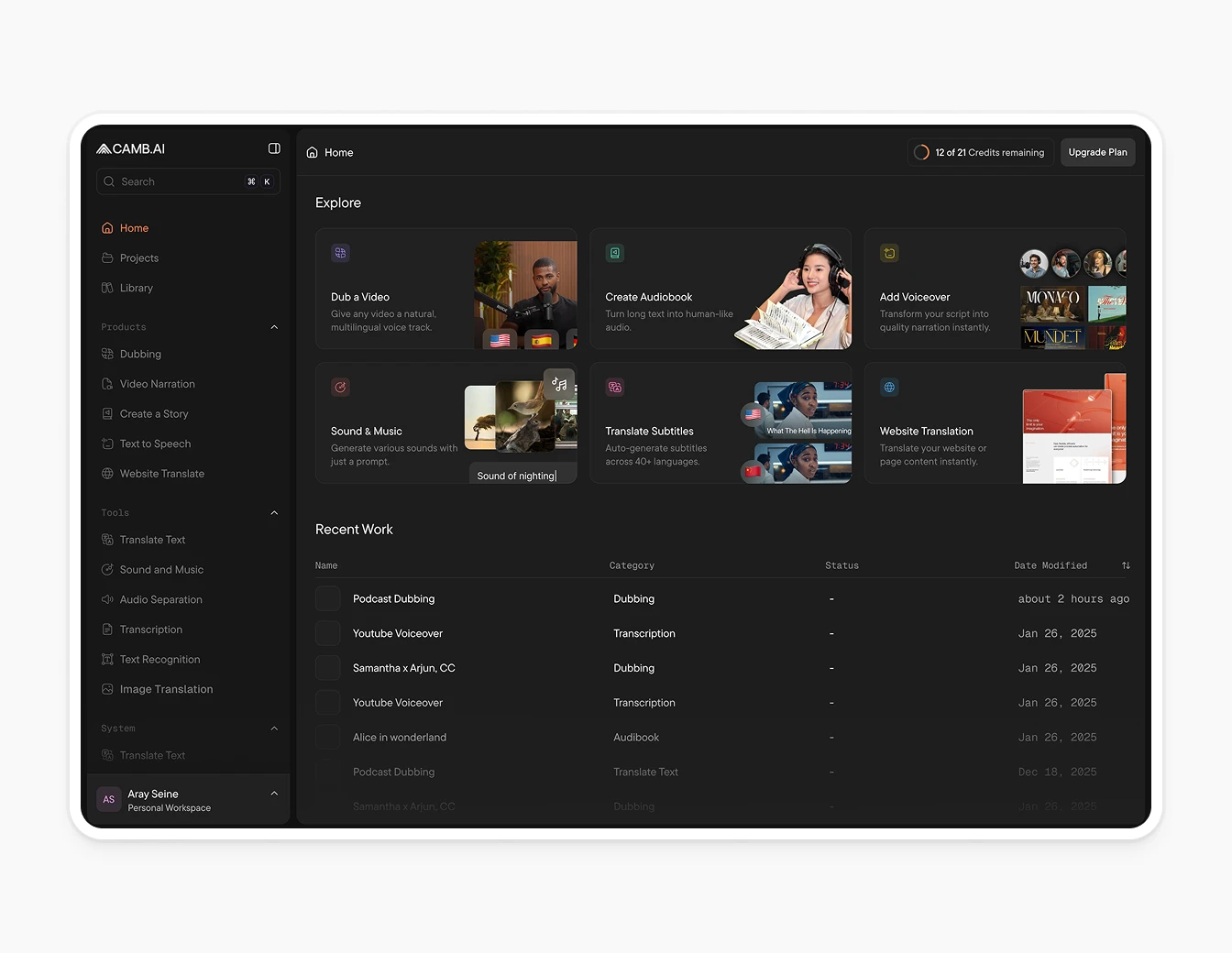 Camb.ai Home Explore Dashboard Dark V3