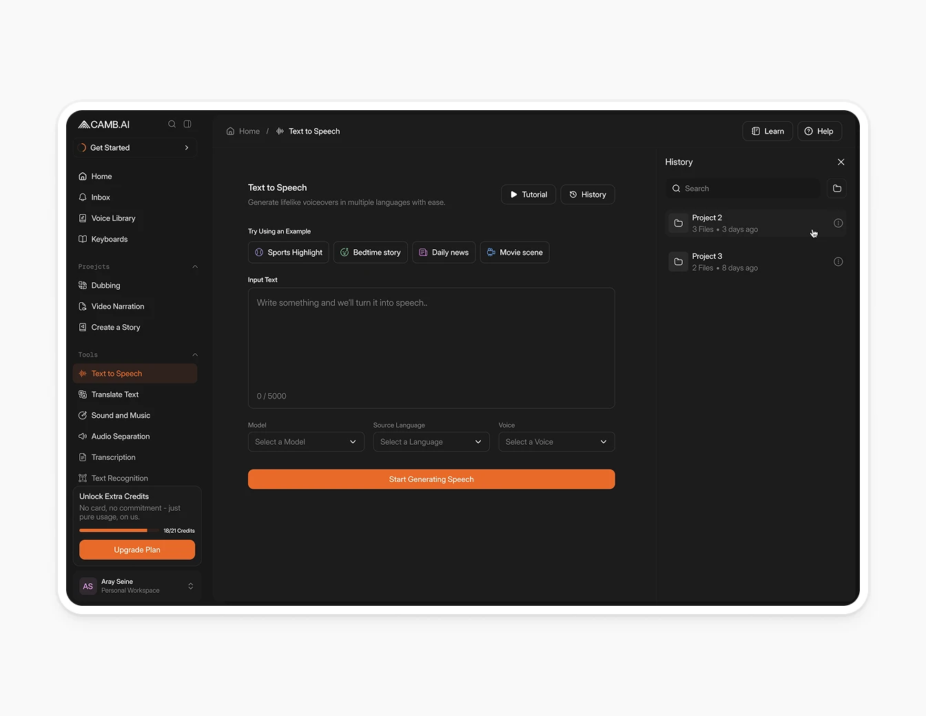 Camb.ai TTS Editor History Panel