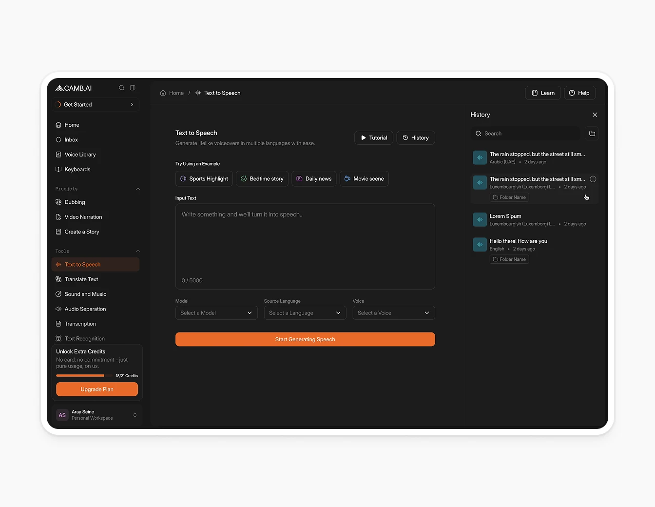 Camb.ai TTS History Audio Entries