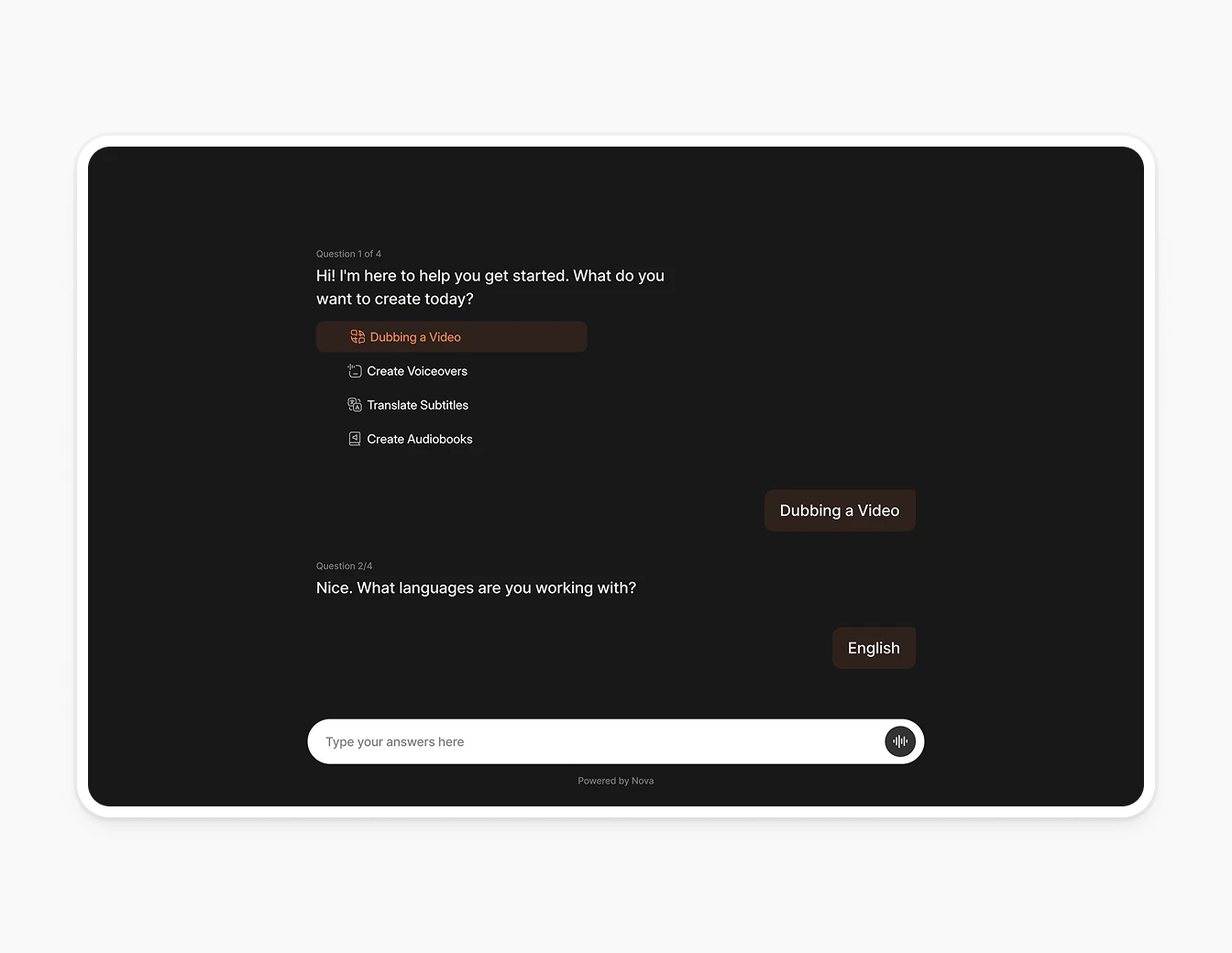 Camb.ai Onboarding Nova Agent Chat Dark
