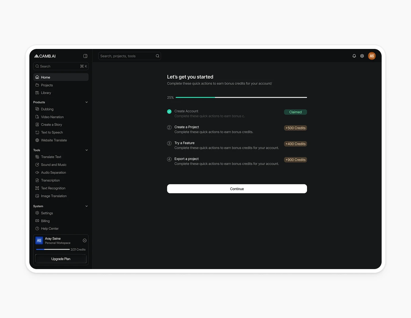 Camb.ai Onboarding Get Started Credits Dark