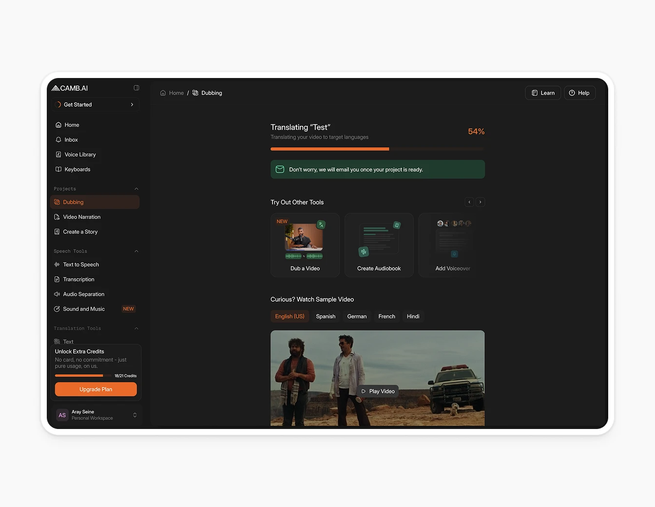 Camb.ai Dubbing Translation Progress Dark