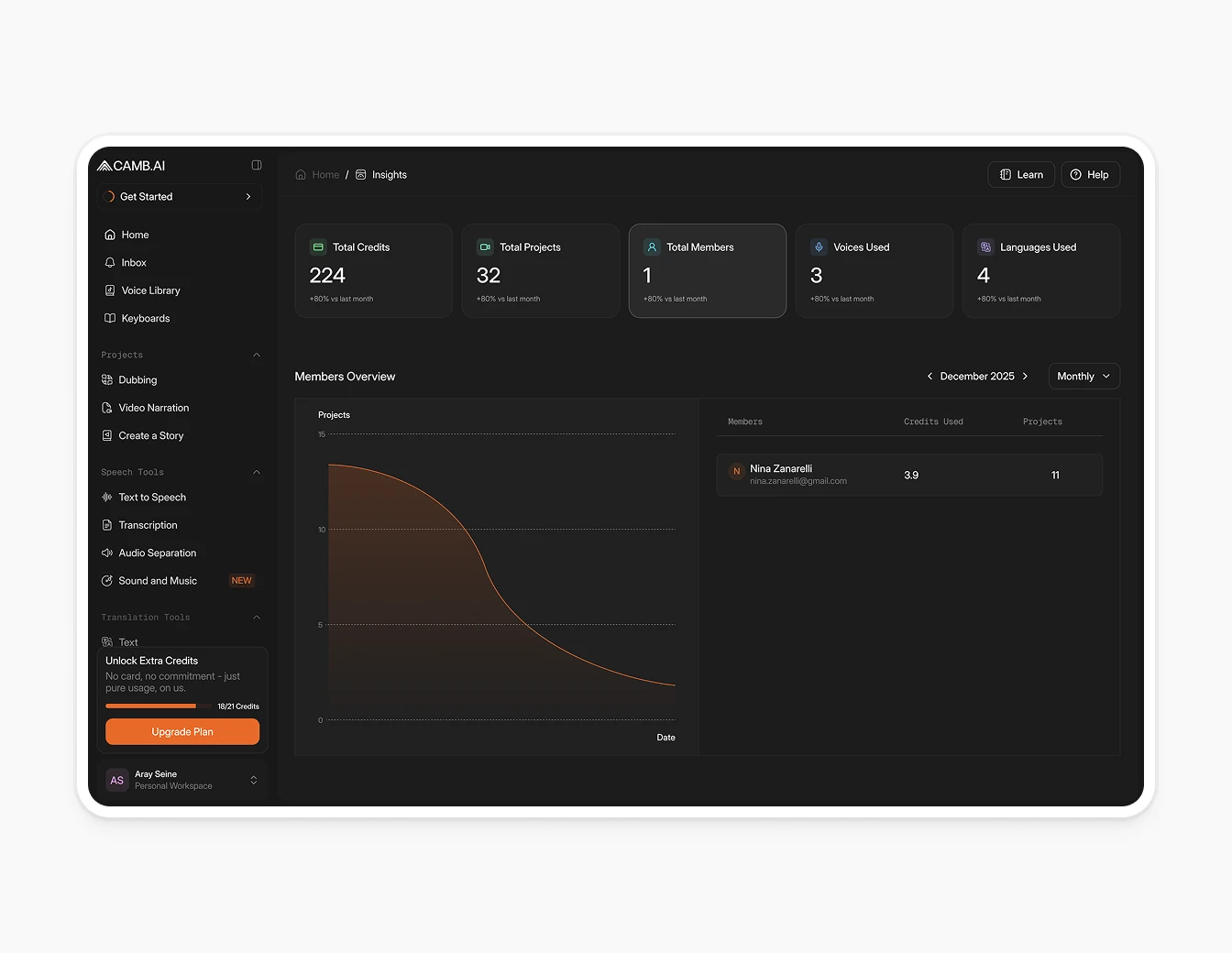 Camb.ai Insights Members Overview Dashboard