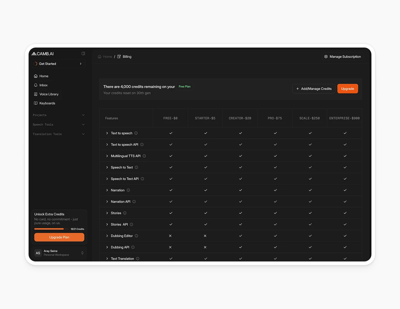 Camb.ai Billing Pricing Feature Table Dark