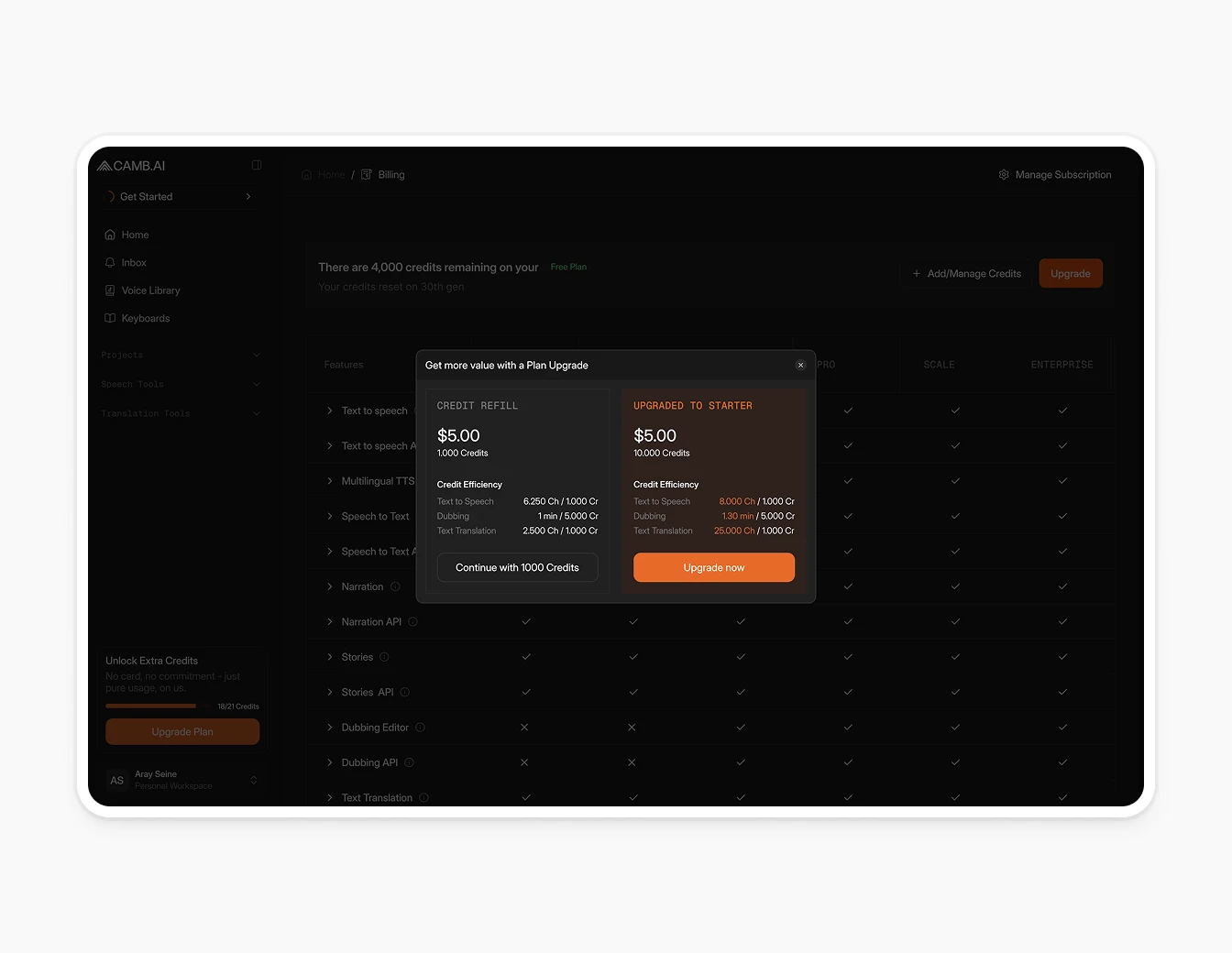 Camb.ai Billing Pricing Upgrade Modal Dark