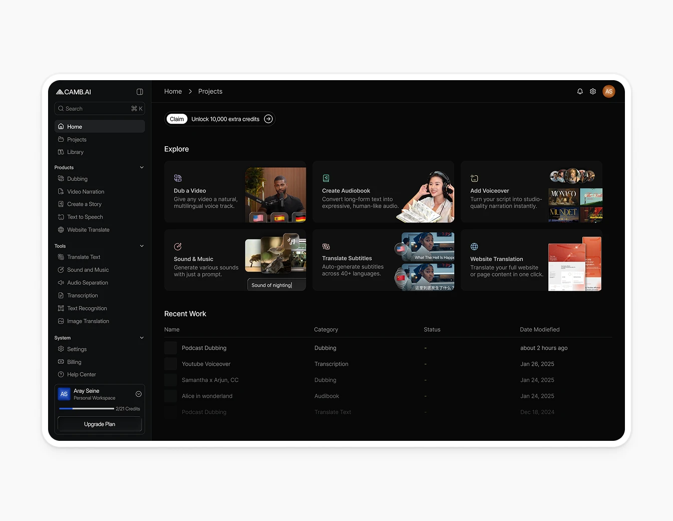 Camb.ai Projects Overview Dashboard