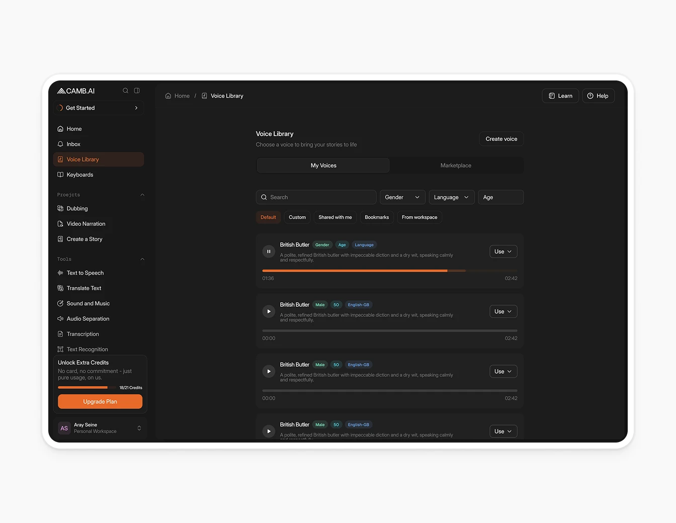 Camb.ai Voice Library Search Filter Dark