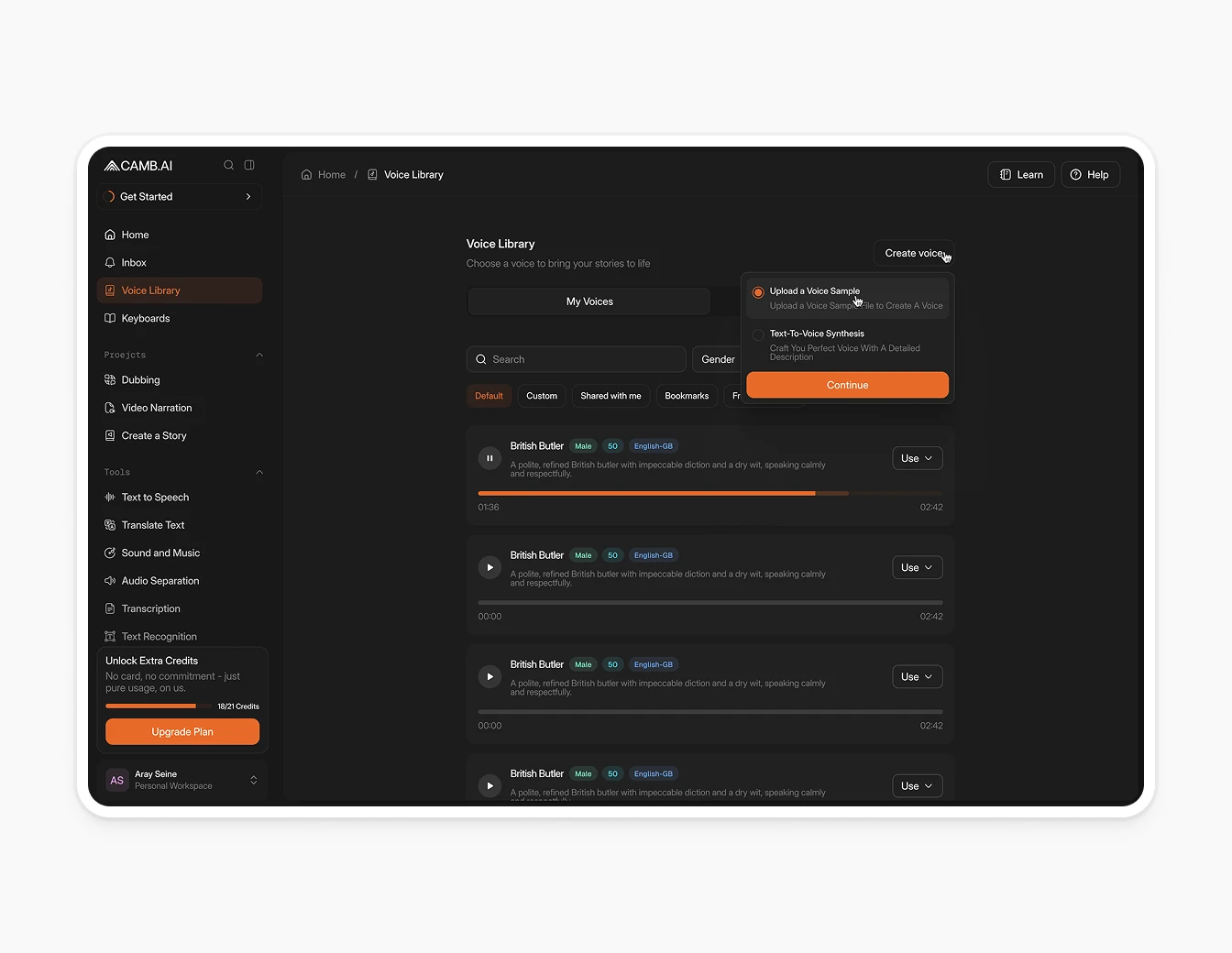 Camb.ai Voice Library Browse Dark