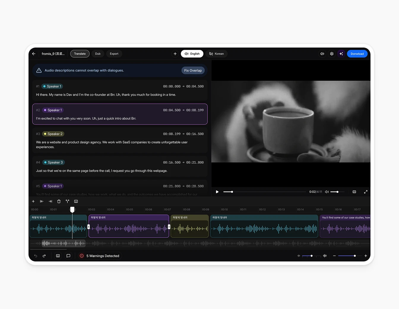 Camb.ai Video Dubbing Editor Dark UI