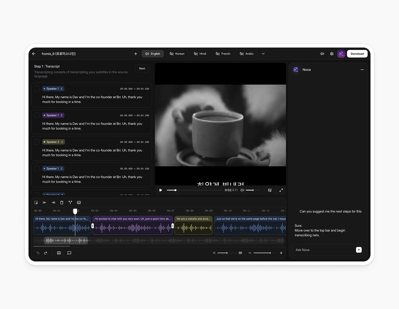 Camb.ai Dubbing Editor Transcript Dark V2