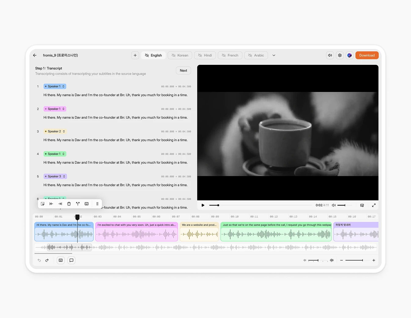 Camb.ai Dubbing Editor Timeline