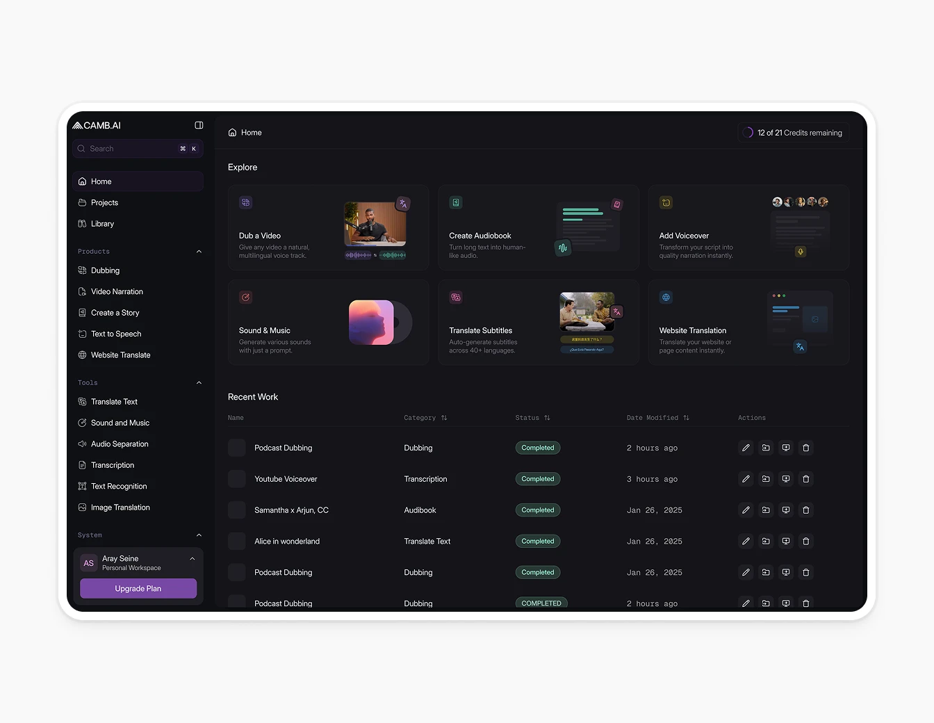 Camb.ai Home Dashboard Explore Dark