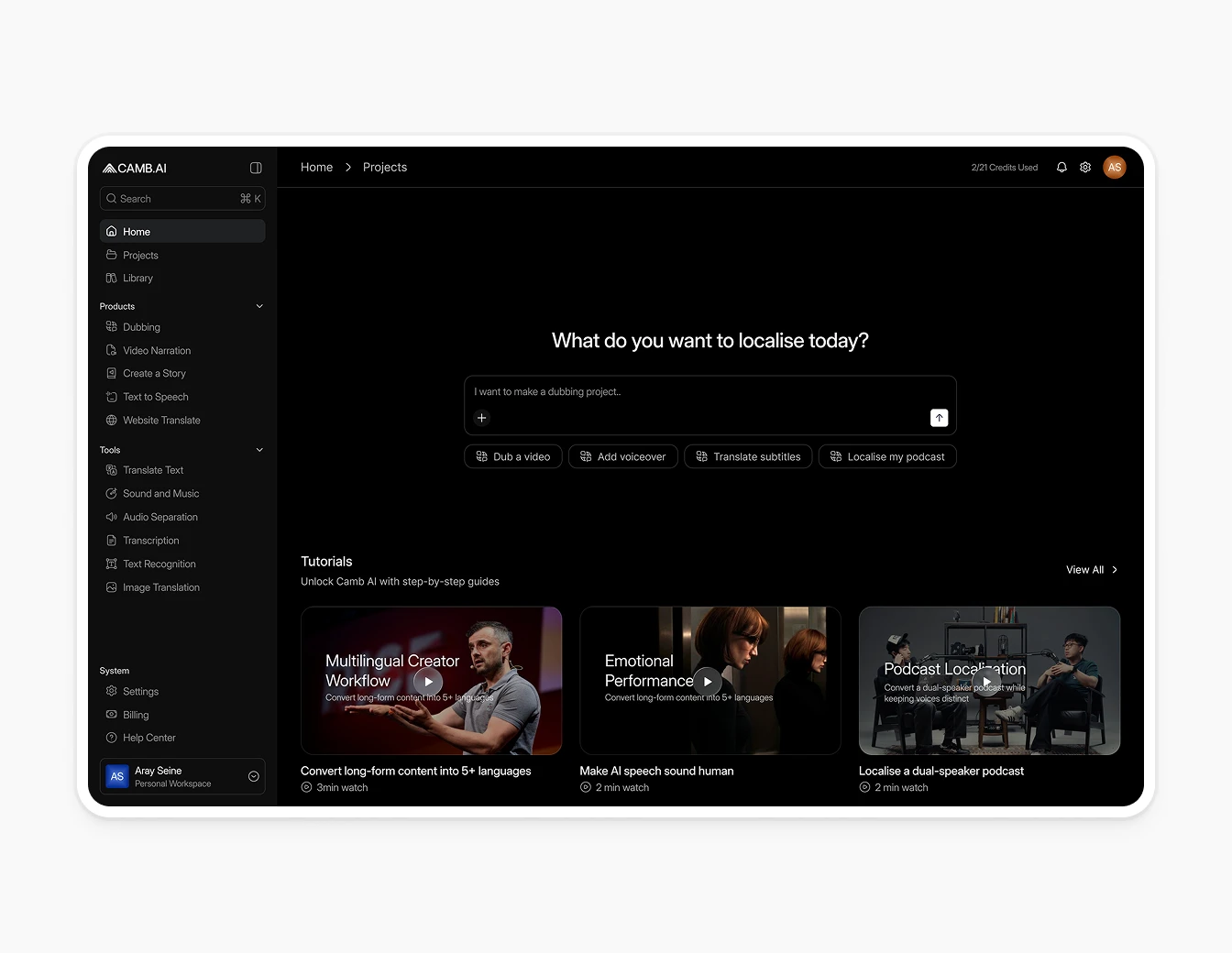 Camb.ai SaaS Project Dashboard Home