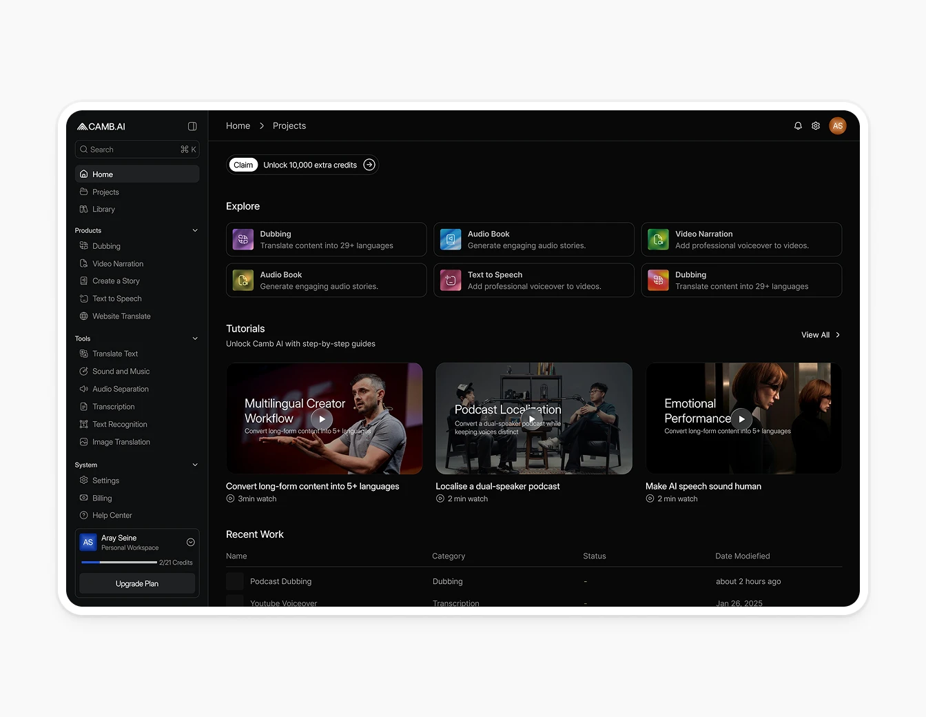 Camb.ai SaaS Home Explore Dashboard V2