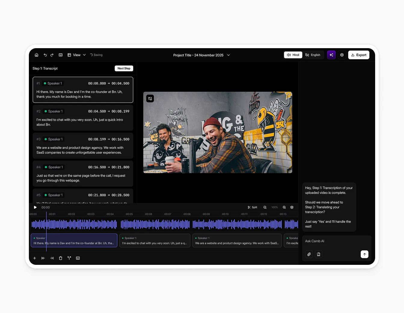 Camb.ai Dubbing Editor V2 Dark Timeline