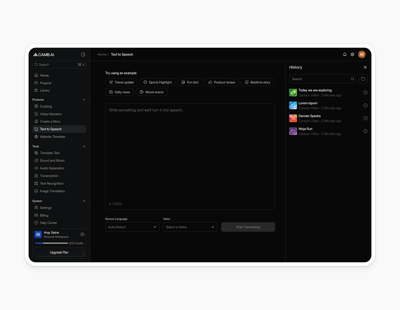 Camb.ai Text to Speech Editor Dark History