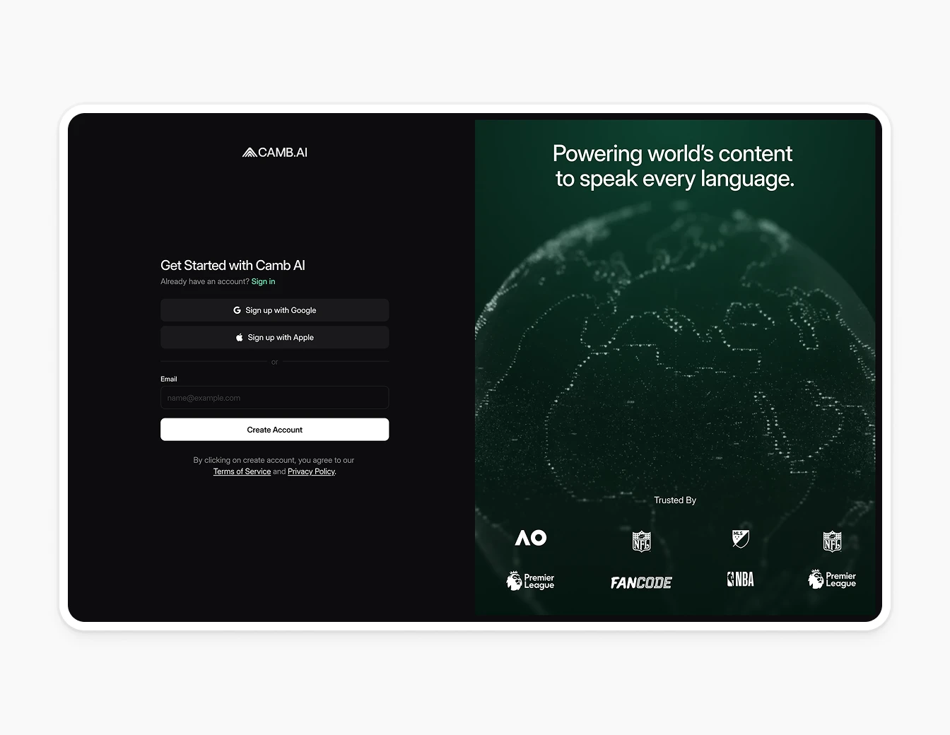 Camb.ai Signup Power Every Language Globe