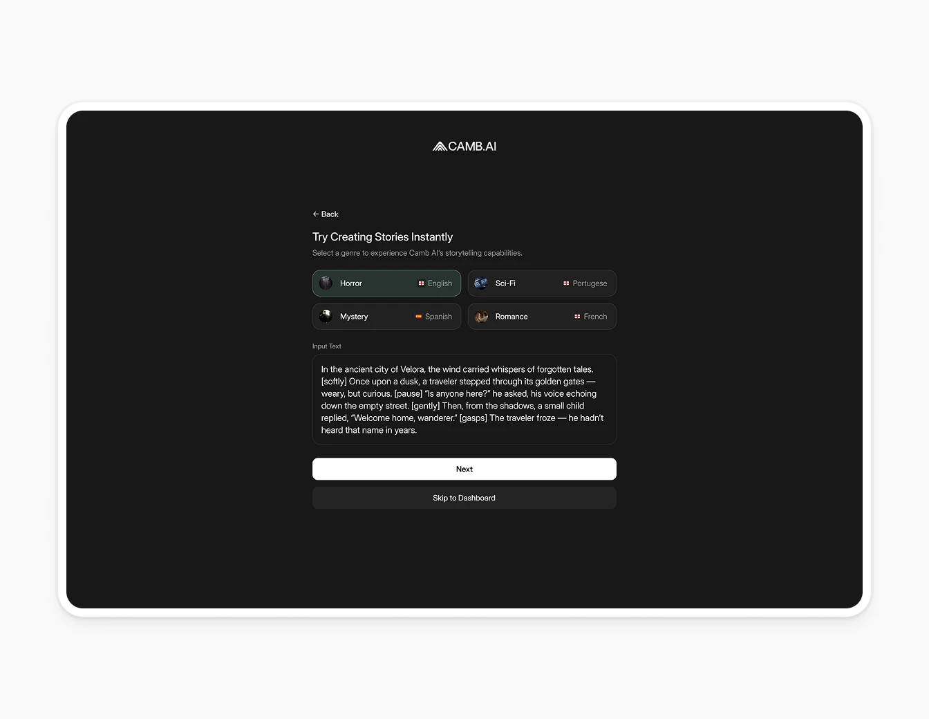 Camb.ai AI Story Creation Onboarding