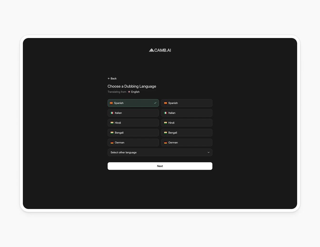 Camb.ai Onboarding Choose Language Dark