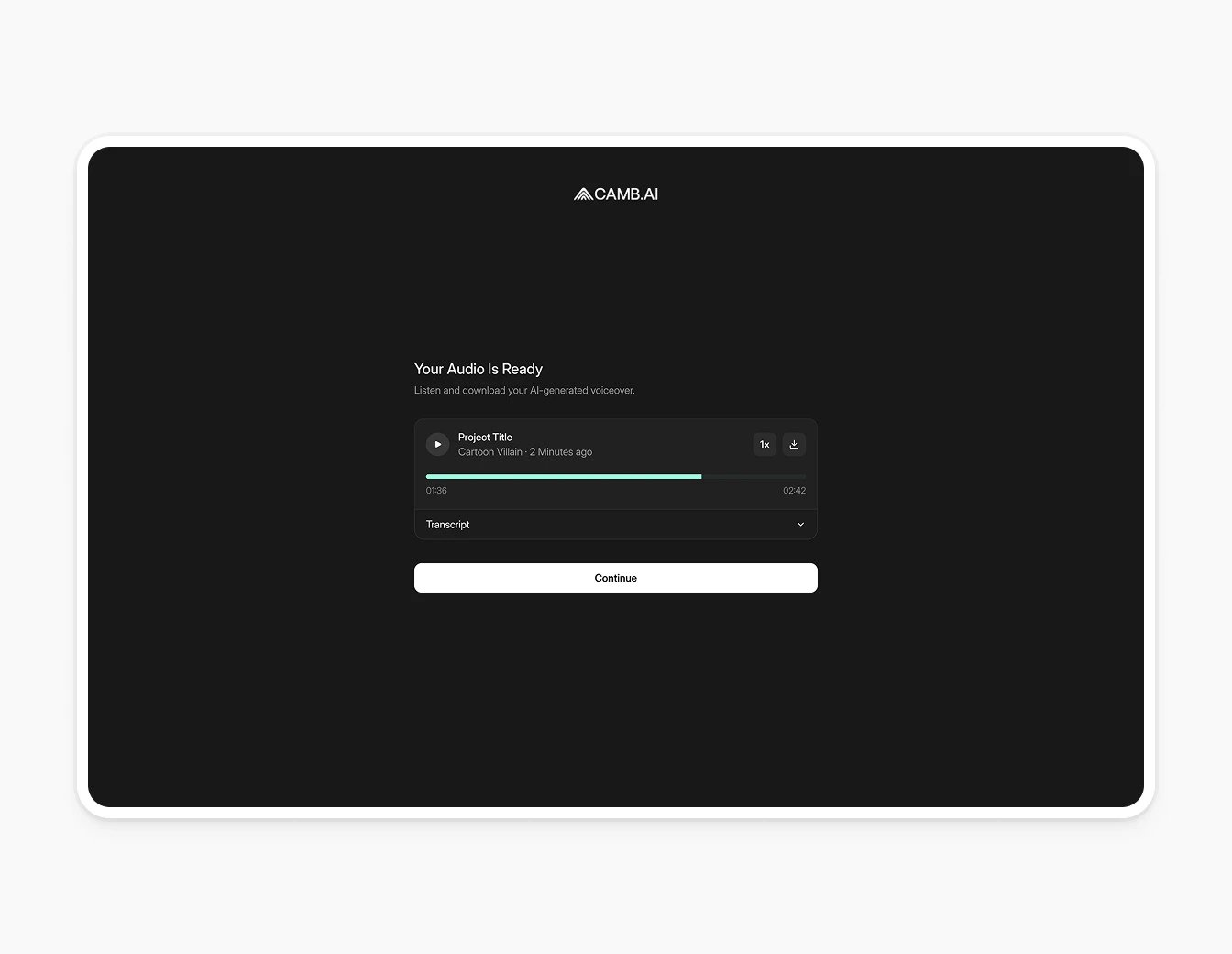 Camb.ai AI Audio Ready Playback Dark