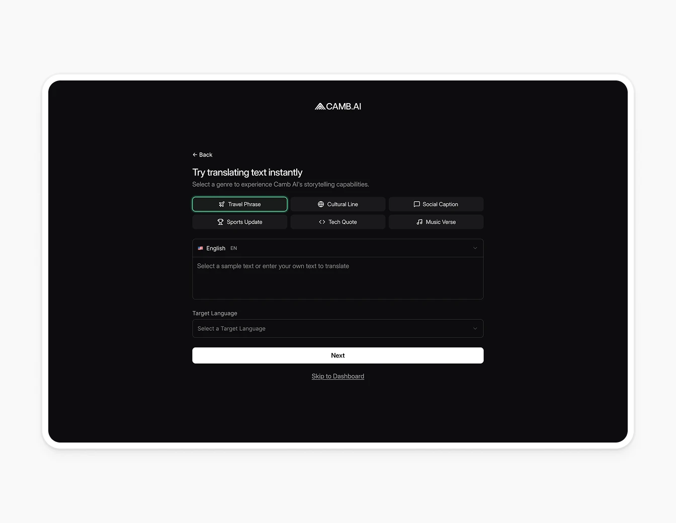 Camb.ai Onboarding Try Translating Text Dark