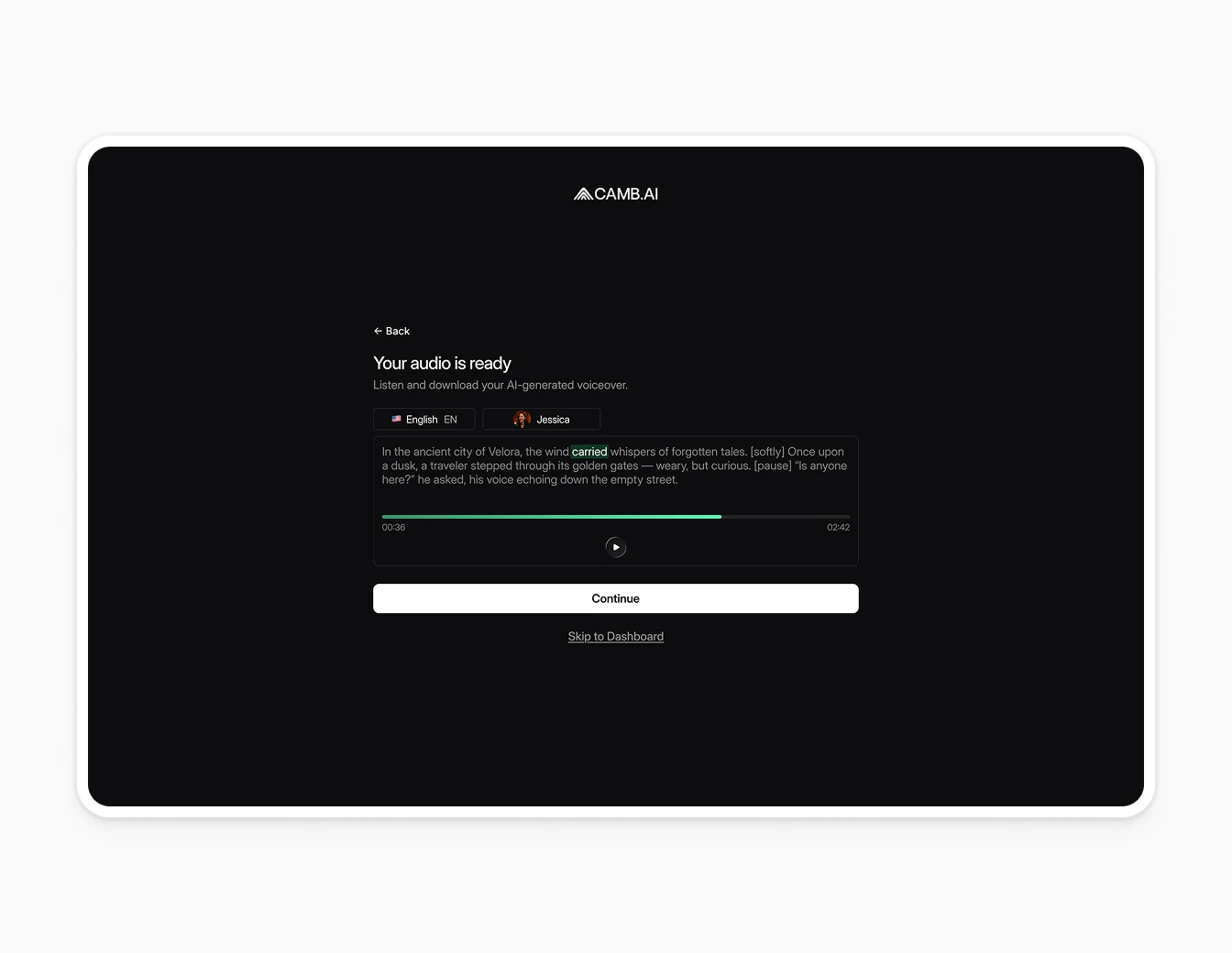 Camb.ai Onboarding Audio Ready Playback