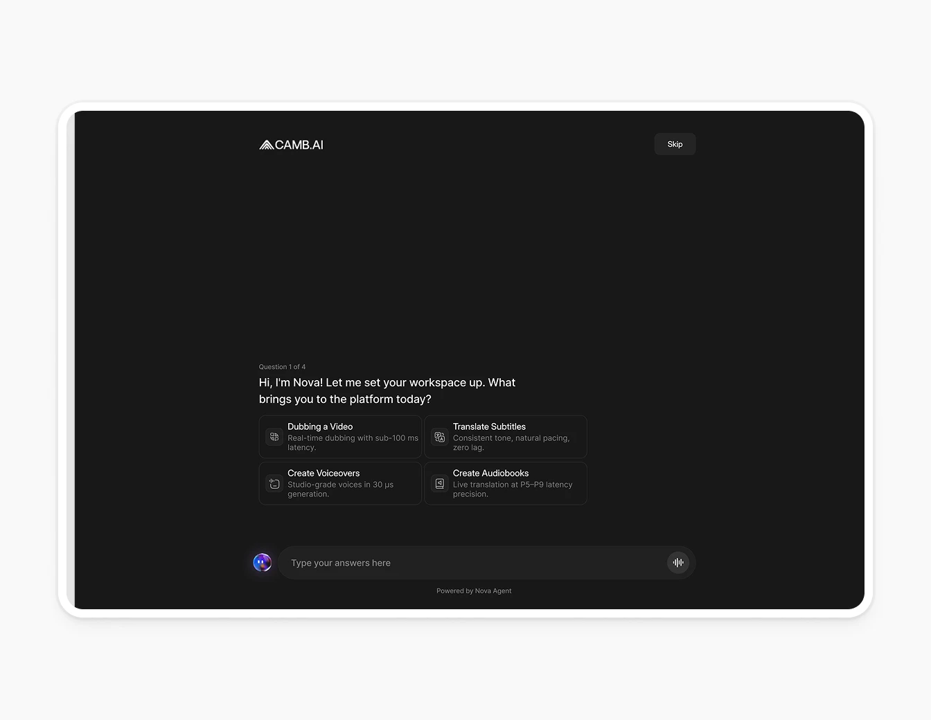 Camb.ai Nova Agent Onboarding Chat Dark