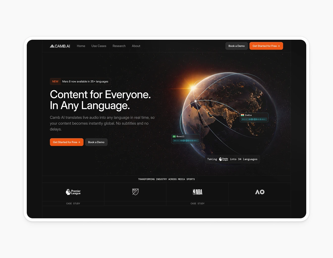 Camb.ai Dark Hero Globe Language Network