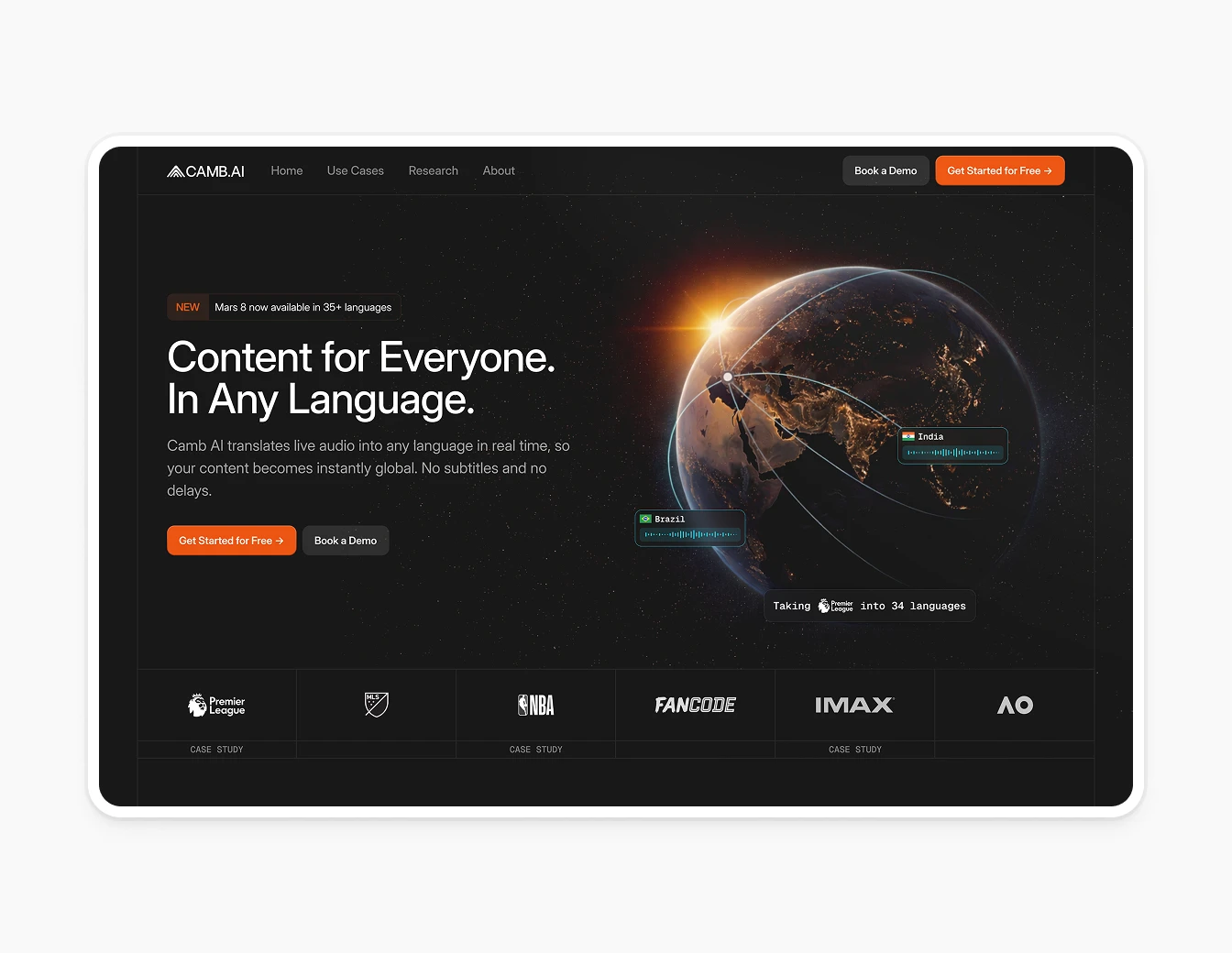 Camb.ai Dark Hero Earth Globe Orange CTA