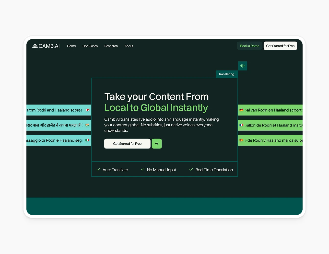 Camb.ai Green Hero Translation Ticker