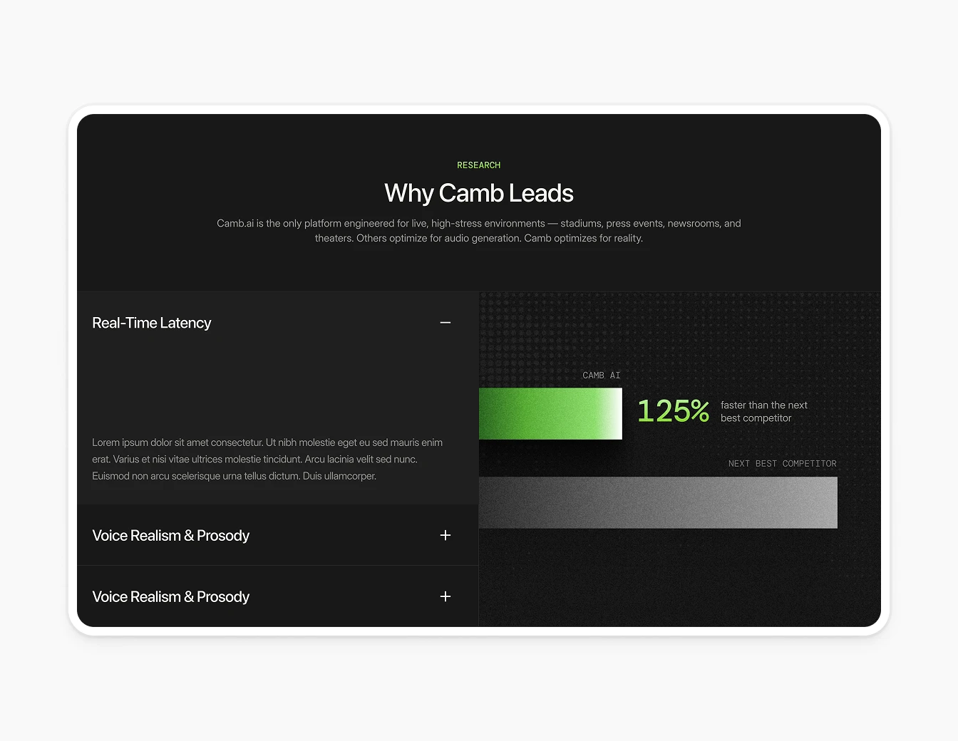 Camb.ai Why Camb Leads Stats Section