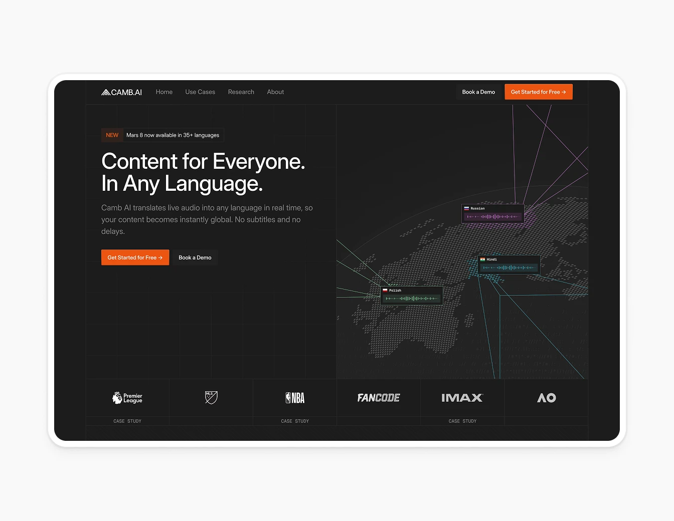 Camb.ai Dark Hero Map Language Pins