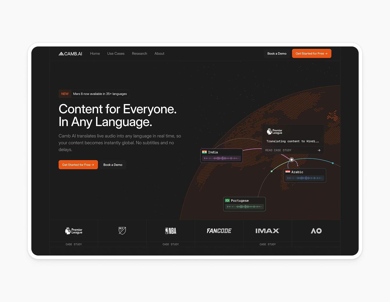 Camb.ai Dark Hero Language Globe Network