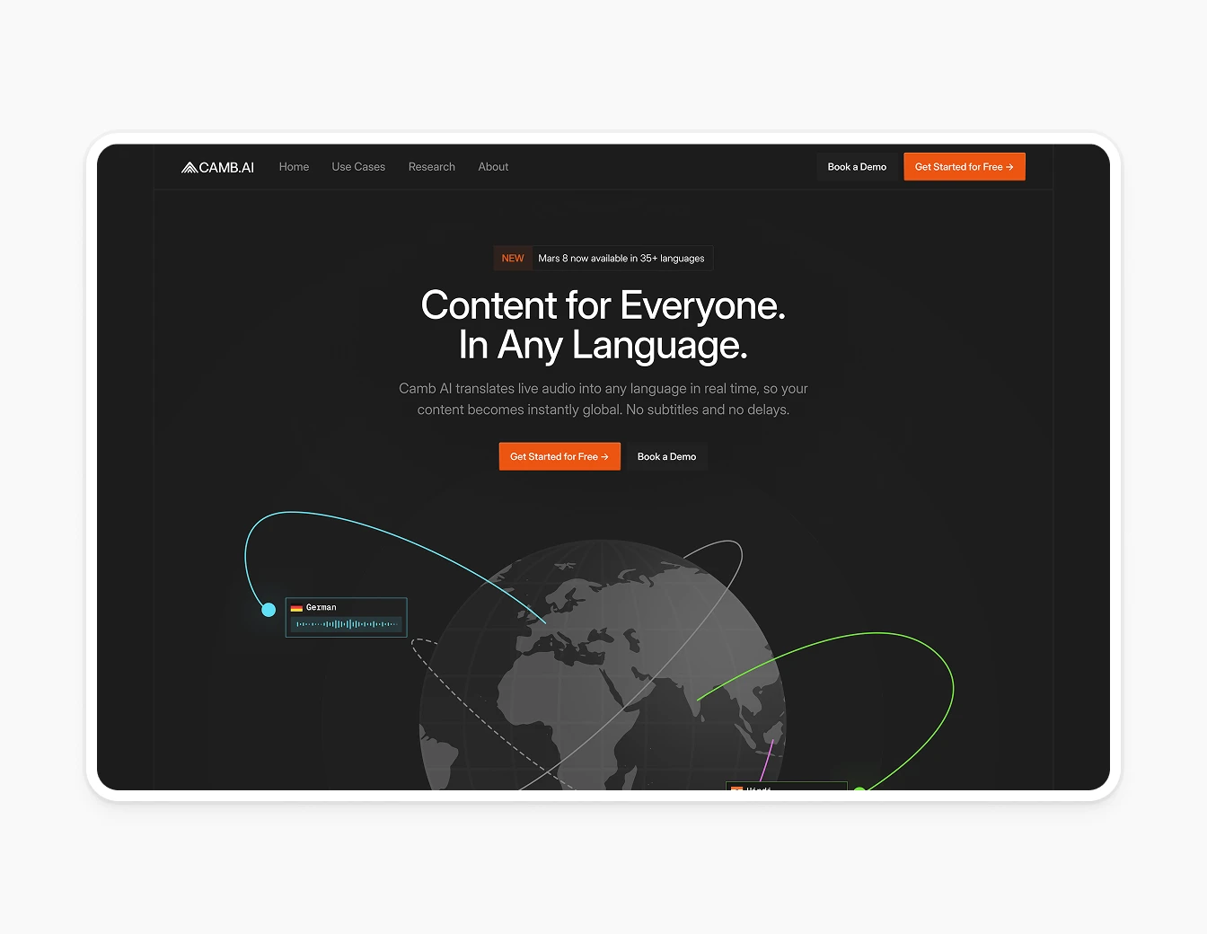 Camb.ai Dark Hero Globe Translation Lines