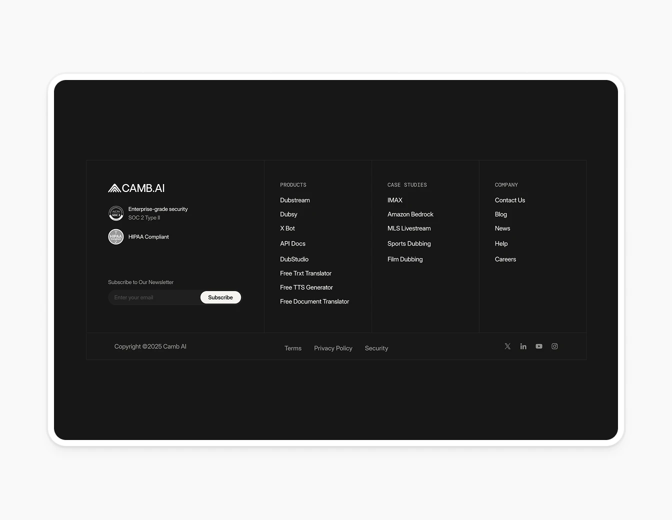 Camb.ai Footer Newsletter Subscribe Section