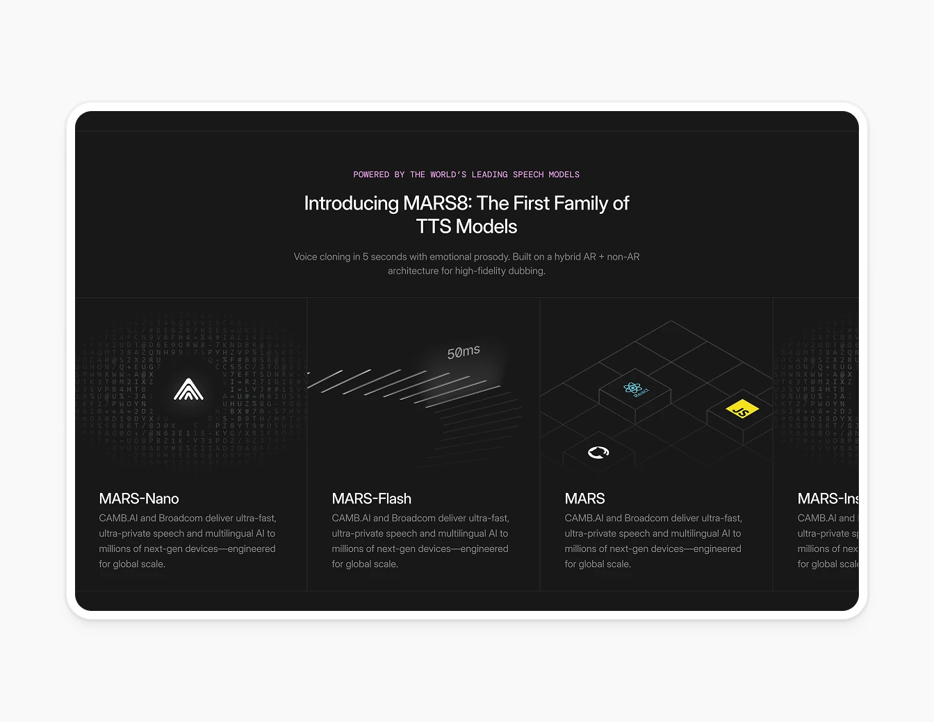Camb.ai MARS8 TTS Model Family Cards Dark