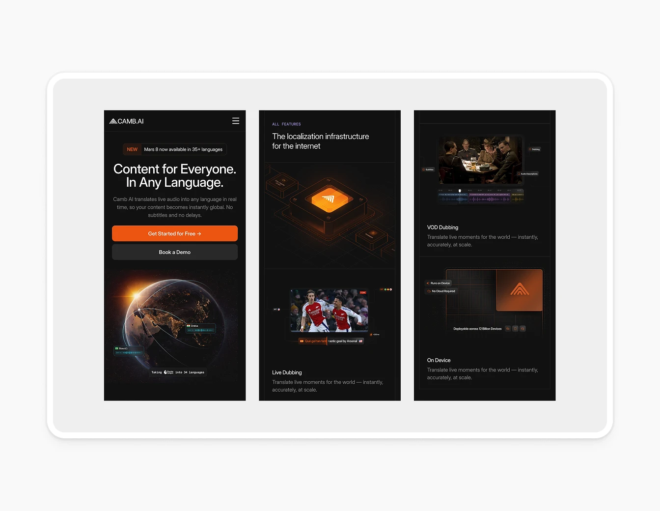 Camb.ai Mobile and Desktop Hero Screens