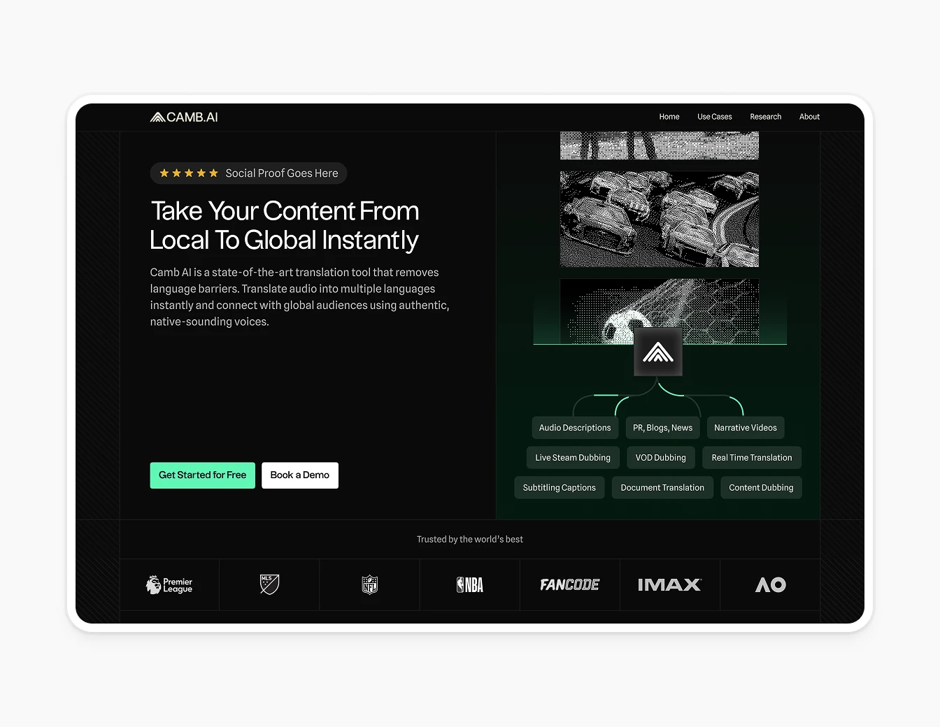 Camb.ai Hero with Use Cases Green Theme