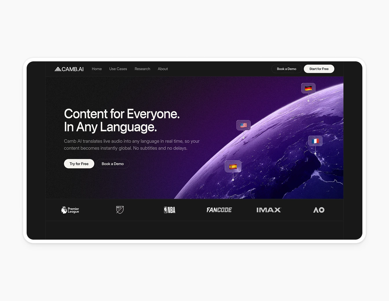 Camb.ai Purple Hero Globe Localization