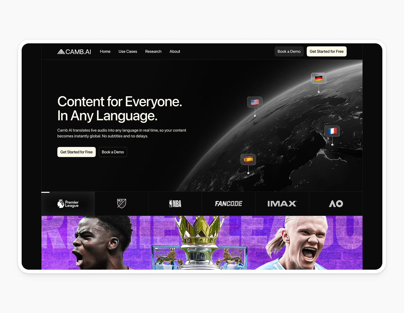Camb.ai Purple Hero Globe Sports Premier