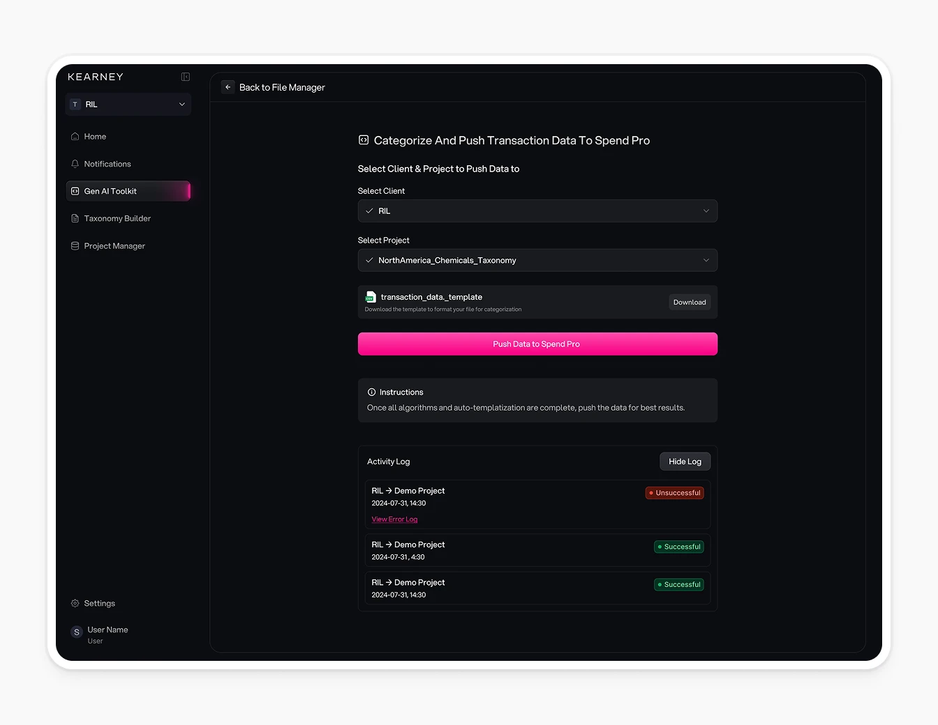 AT Kearney Spend Pro Data Push Dashboard