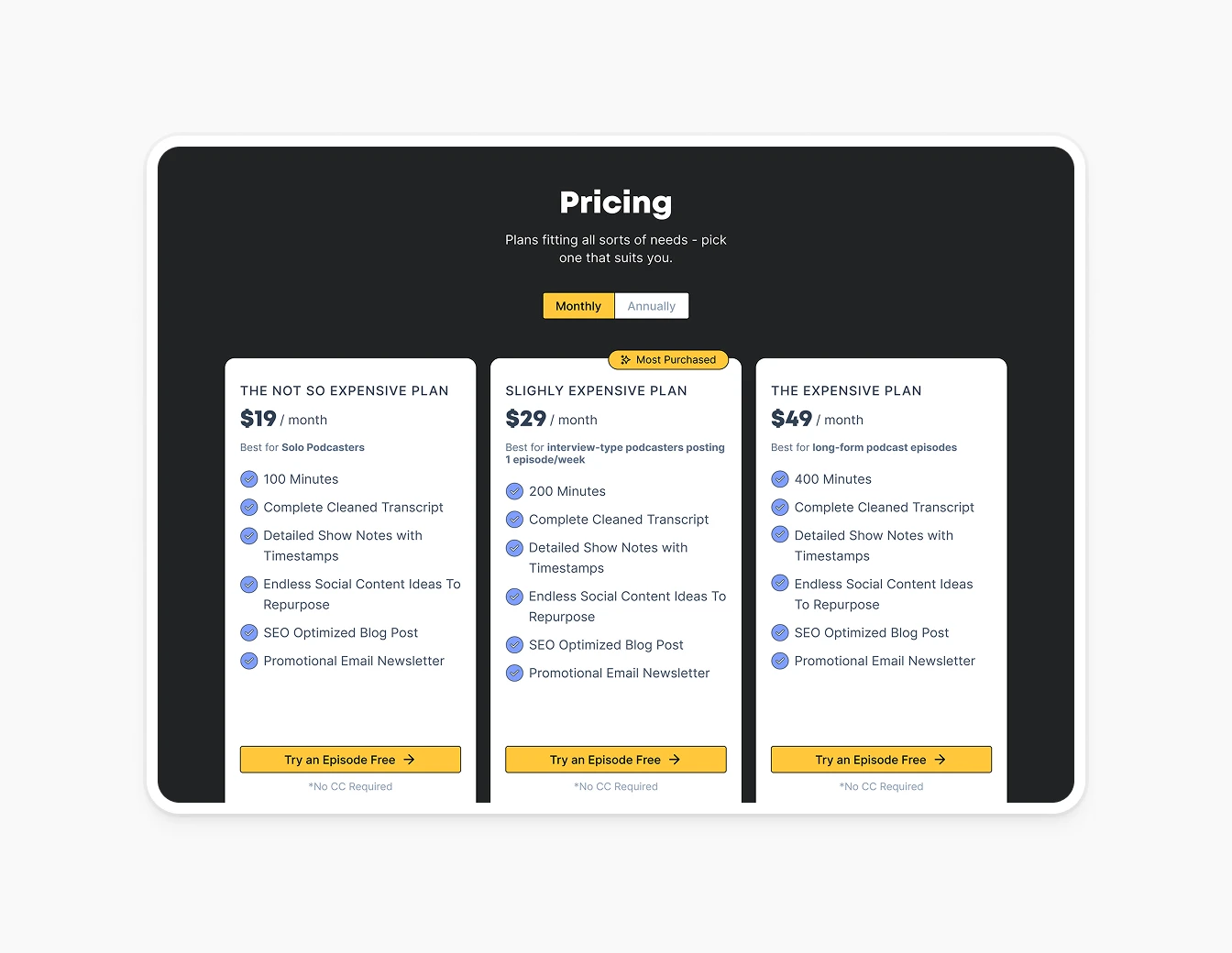 Content Brew Pricing Plans Dark Mode