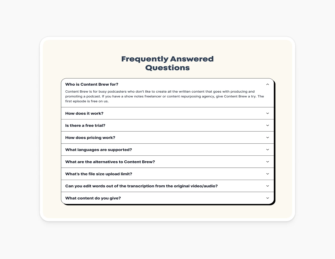 Content Brew FAQ Accordion Section