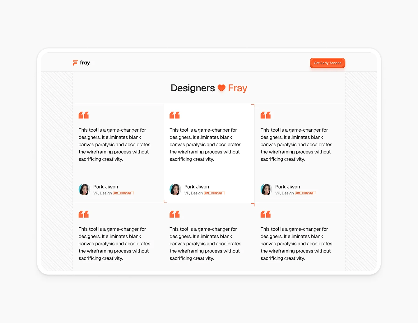 Fray Website Testimonials Designer Grid