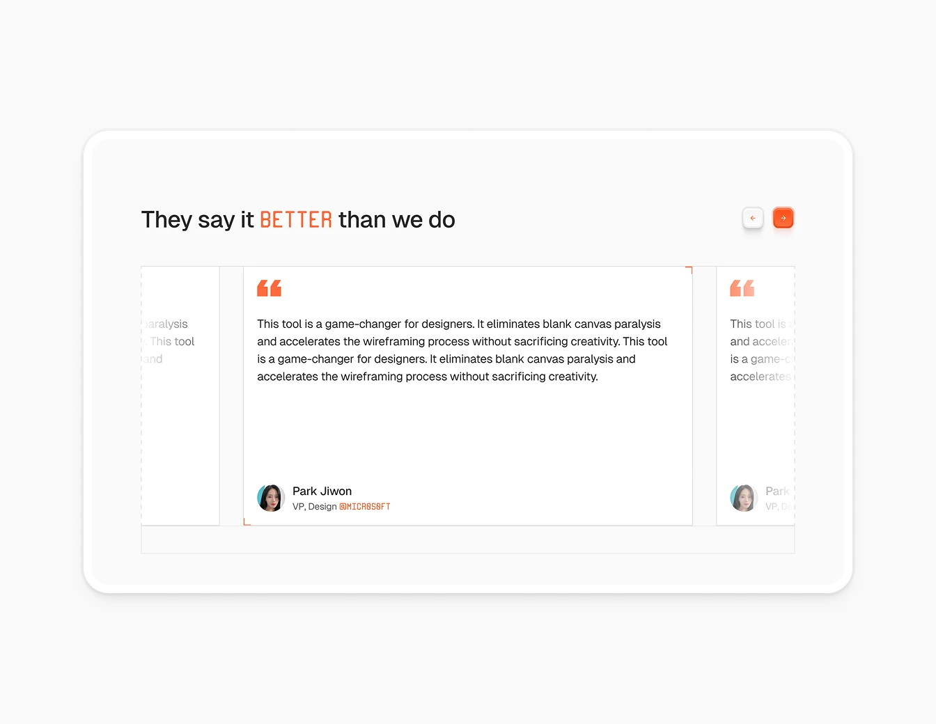 Fray Testimonials Carousel Orange Quotes