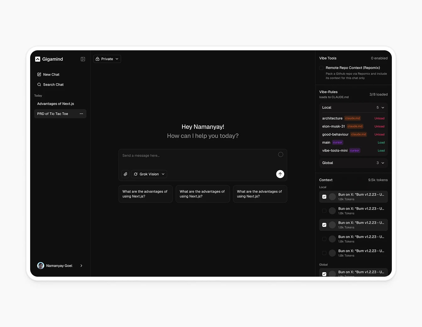 Gigamind AI Chat with Vibe Rules Panel
