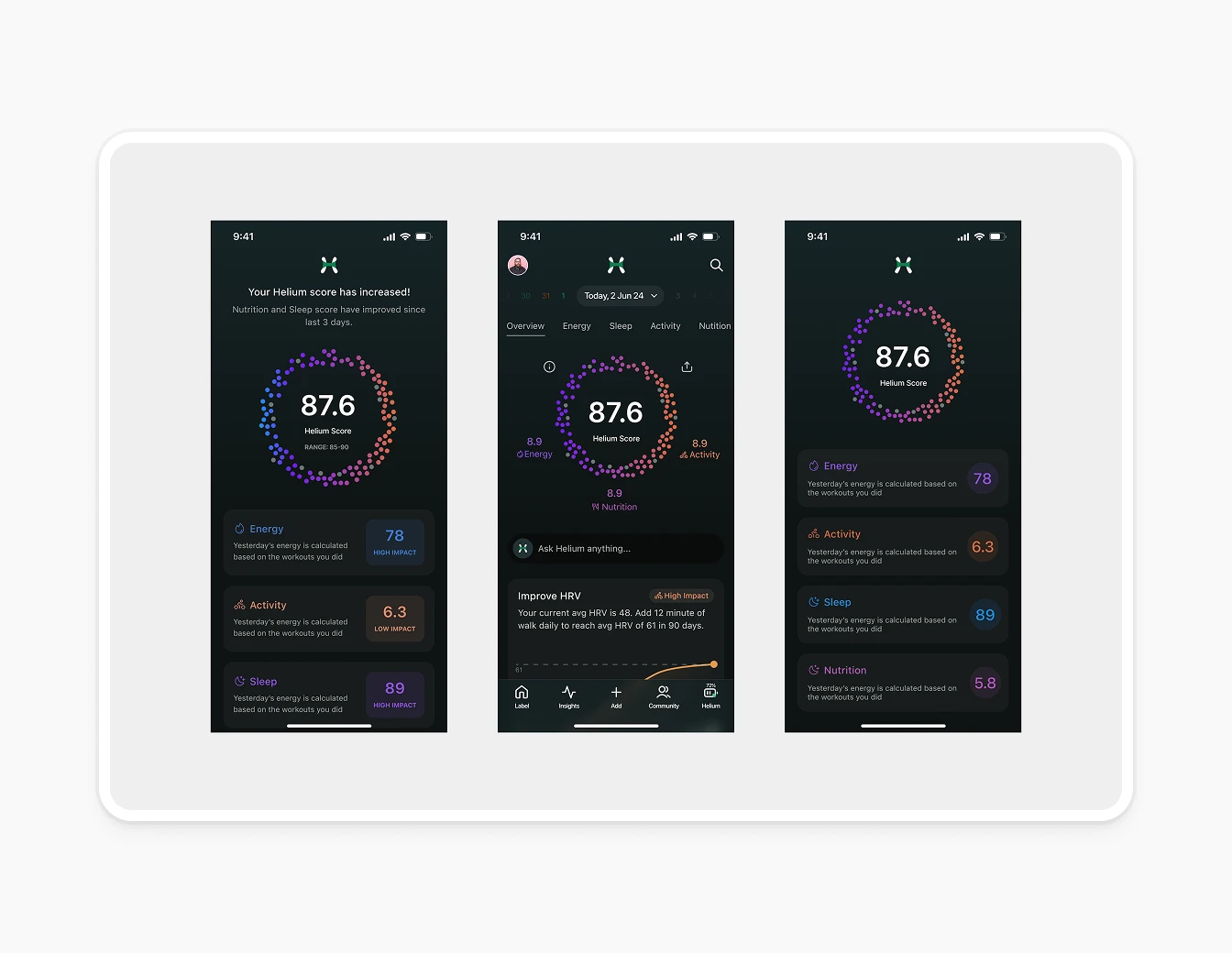 Helium Health Score Mobile App Screens